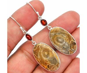 Flower Fossil Coral and Garnet Earrings SDE82322 E-1002, 15x24 mm
