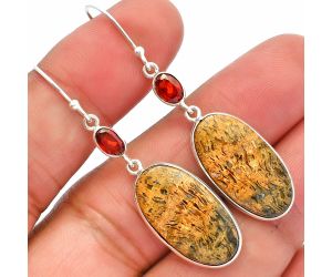 Palm Root Fossil Agate and Garnet Earrings SDE82362 E-1002, 11x21 mm