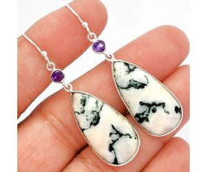 Tree Weed Moss Agate and Amethyst Earrings SDE82392 E-1002, 14x28 mm