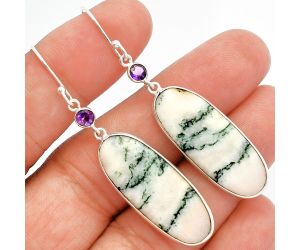 Tree Weed Moss Agate and Amethyst Earrings SDE82395 E-1002, 12x30 mm