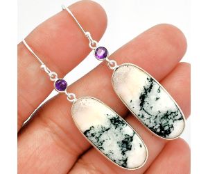 Tree Weed Moss Agate and Amethyst Earrings SDE82436 E-1002, 12x28 mm