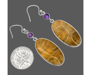 Flower Fossil Coral and Amethyst Earrings SDE82444 E-1002, 13x25 mm