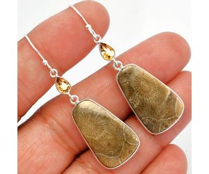 Flower Fossil Coral and Citrine Earrings SDE82531 E-1002, 14x24 mm