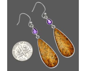 Palm Root Fossil Agate and Amethyst Earrings SDE82599 E-1002, 12x27 mm