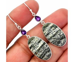 Natural Chrysotile and Amethyst Earrings SDE82601 E-1002, 14x24 mm