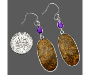 Palm Root Fossil Agate and Amethyst Earrings SDE82645 E-1002, 13x25 mm