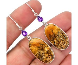 Palm Root Fossil Agate and Amethyst Earrings SDE82646 E-1002, 14x25 mm
