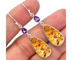 Palm Root Fossil Agate and Amethyst Earrings SDE82651 E-1002, 11x21 mm