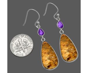 Palm Root Fossil Agate and Amethyst Earrings SDE82651 E-1002, 11x21 mm