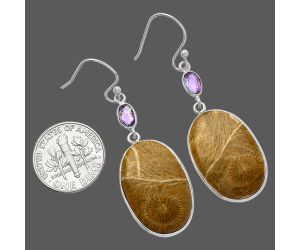Flower Fossil Coral and Amethyst Earrings SDE82682 E-1002, 15x23 mm