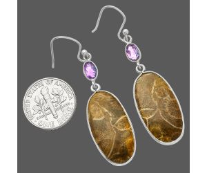 Flower Fossil Coral and Amethyst Earrings SDE82683 E-1002, 12x24 mm