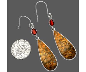 Palm Root Fossil Agate and Garnet Earrings SDE82711 E-1002, 12x29 mm