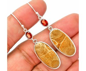 Flower Fossil Coral and Garnet Earrings SDE83231 E-1002, 11x23 mm