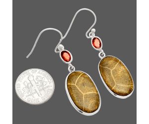 Flower Fossil Coral and Garnet Earrings SDE83287 E-1002, 12x20 mm