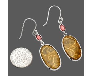 Flower Fossil Coral and Garnet Earrings SDE83296 E-1002, 13x22 mm