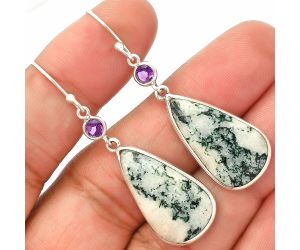 Tree Weed Moss Agate and Amethyst Earrings SDE83308 E-1002, 13x23 mm