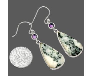 Tree Weed Moss Agate and Amethyst Earrings SDE83308 E-1002, 13x23 mm