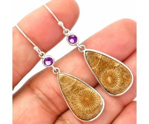 Flower Fossil Coral and Amethyst Earrings SDE83322 E-1002, 13x23 mm