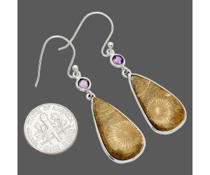 Flower Fossil Coral and Amethyst Earrings SDE83322 E-1002, 13x23 mm