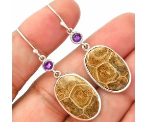 Flower Fossil Coral and Amethyst Earrings SDE83324 E-1002, 14x20 mm
