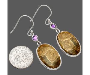 Flower Fossil Coral and Amethyst Earrings SDE83324 E-1002, 14x20 mm