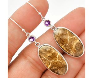 Flower Fossil Coral and Amethyst Earrings SDE83333 E-1002, 12x23 mm
