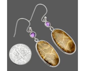 Flower Fossil Coral and Amethyst Earrings SDE83333 E-1002, 12x23 mm