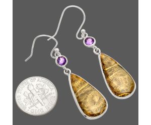 Flower Fossil Coral and Amethyst Earrings SDE83336 E-1002, 11x22 mm
