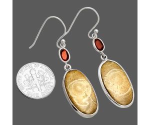 Flower Fossil Coral and Garnet Earrings SDE83470 E-1002, 12x21 mm