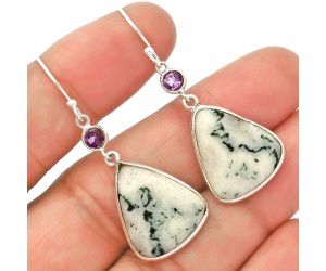 Tree Weed Moss Agate and Amethyst Earrings SDE83482 E-1002, 16x29 mm