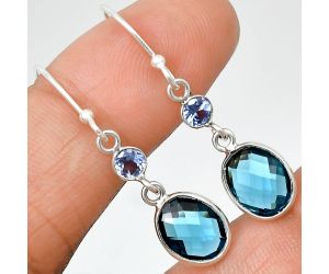 Lab Created London Blue Topaz Checker Briolette and Tanzanite Earrings SDE85059 E-1006, 8x10 mm