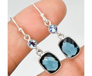 Lab Created London Blue Topaz Checker Briolette and Tanzanite Earrings SDE85063 E-1006, 8x10 mm