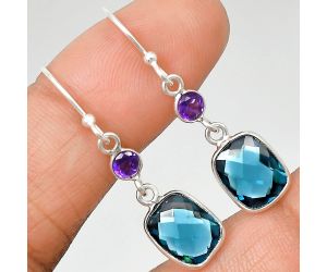Lab Created London Blue Topaz Checker Briolette and Amethyst Earrings SDE85064 E-1006, 8x10 mm