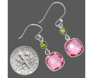 Lab Created Pink Morganite Checker Briolette and Peridot Earrings SDE85069 E-1006, 10x10 mm