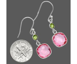 Lab Created Pink Morganite Checker Briolette and Peridot Earrings SDE85070 E-1006, 10x10 mm