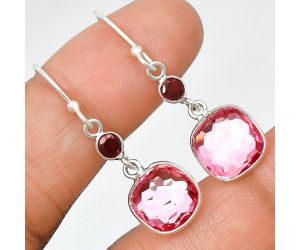 Lab Created Pink Morganite Checker Briolette and Garnet Earrings SDE85071 E-1006, 10x10 mm
