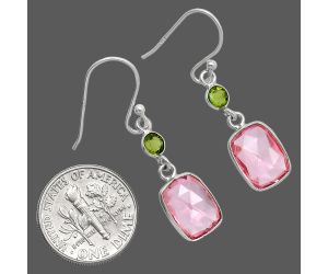 Lab Created Pink Morganite Checker Briolette and Peridot Earrings SDE85072 E-1006, 8x11 mm