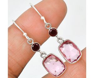 Lab Created Pink Morganite Checker Briolette and Garnet Earrings SDE85073 E-1006, 8x11 mm
