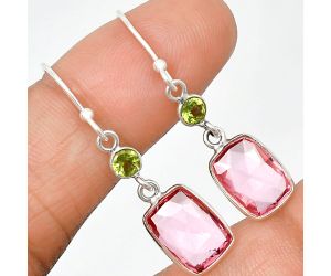 Lab Created Pink Morganite Checker Briolette and Peridot Earrings SDE85074 E-1006, 8x11 mm