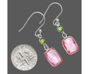 Lab Created Pink Morganite Checker Briolette and Peridot Earrings SDE85074 E-1006, 8x11 mm