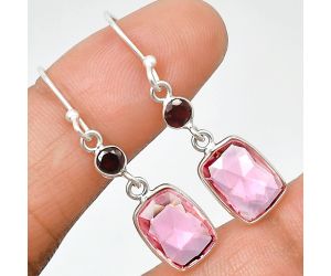 Lab Created Pink Morganite Checker Briolette and Garnet Earrings SDE85075 E-1006, 8x11 mm