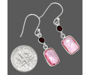 Lab Created Pink Morganite Checker Briolette and Garnet Earrings SDE85075 E-1006, 8x11 mm
