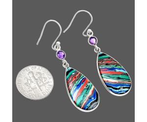Fordite Detroit Agate and Amethyst Earrings SDE85104 E-1002, 12x24 mm