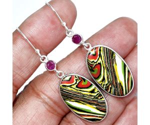 Fordite Detroit Agate and Ruby Earrings SDE85513 E-1002, 15x25 mm