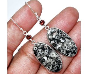 Crinoid Fossil Coral and Garnet Earrings SDE85565 E-1002, 14x28 mm