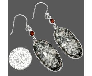 Crinoid Fossil Coral and Garnet Earrings SDE85565 E-1002, 14x28 mm
