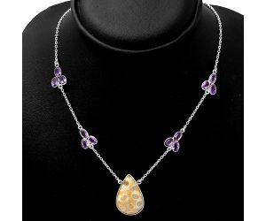 Natural Flower Fossil Coral & Amethyst Necklace SDN1303 N-1004, 17x26 mm