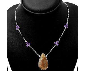 Natural Flower Fossil Coral & Amethyst Necklace SDN1408 N-1004, 15x27 mm