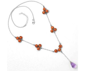 Faceted Amethyst Briolette Drop & Red Sponge Coral Necklace SDN1432 N-1005, 9x13 mm