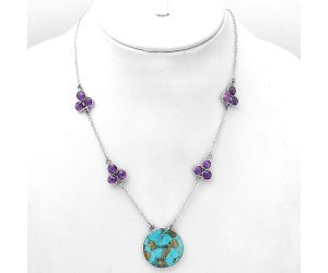 Kingman Turquoise With Pyrite & Amethyst Necklace SDN1573 N-1004, 21x21 mm
